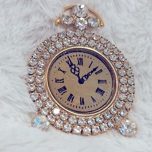 Vintage Clock face Rhinestone Brooch w Shimmering Gold base metal - New  - SALE